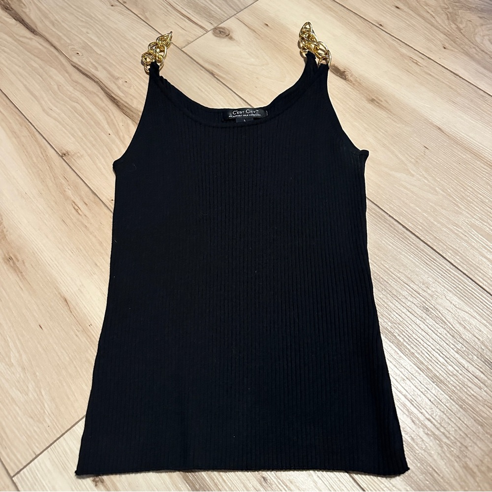 C’est City Chic Black Ribbed Tank Top with Gold Chain Shoulder straps